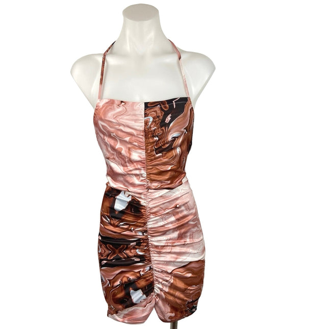 Shein Brown Marble Print Halter Neck Ruched Front Open Back Mini Party Dress 4 Shein Brown Marble Print Halter Neck Ruched Front Open Back Mini Party Dress 4