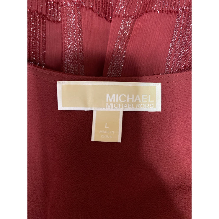 Michael Kors Women's Red Metallic Smocked Waist Long Sleeve Mini Wrap Dress Sz L