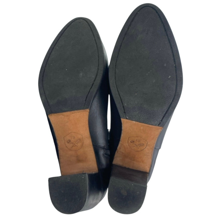 PB Women's Black Leather Almond Toe Buckle Strap Zip Chelsea Ankle Boots Size 8