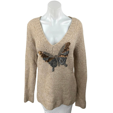 Zara Women's Tan Beige Alpaca Wool Knit Butterfly Sequin Beaded Sweater Top Sz M