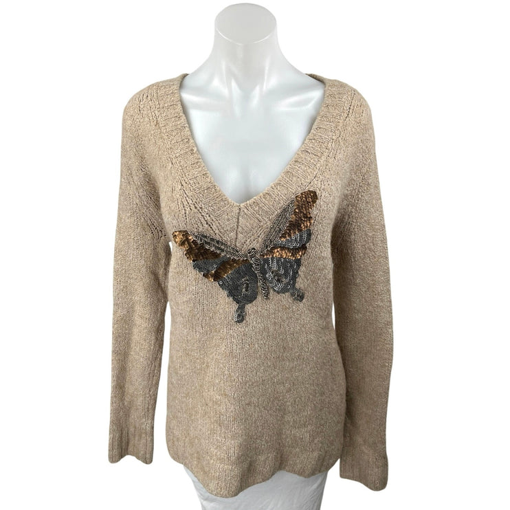 Zara Women's Tan Beige Alpaca Wool Knit Butterfly Sequin Beaded Sweater Top Sz M