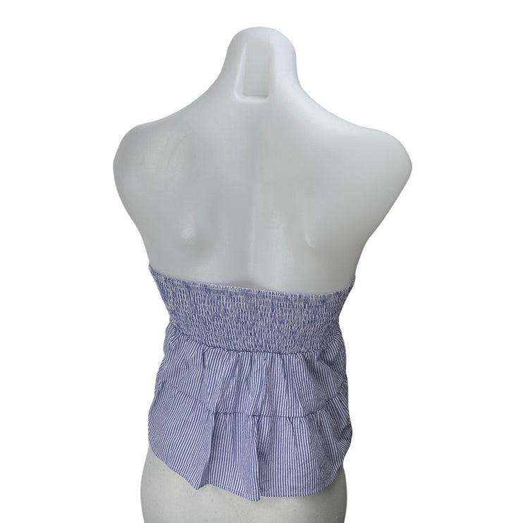 Edikted Women's Blue Striped Sleeveless Strapless Ruffle Crop Blouse Tube Top M