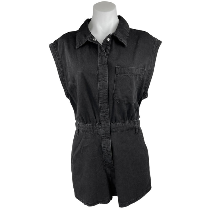 Zara Black Cap Sleeve Collared Pocket Snap Button Denim Jean Romper Shorts Sz M