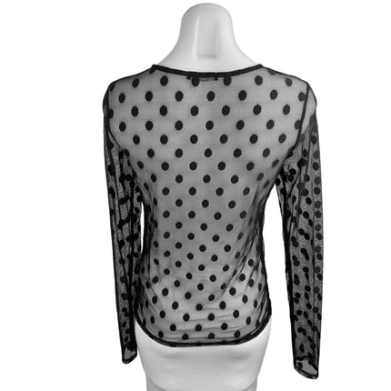 Zara Women Black Long Sleeve Polka Dots See Through Mesh Sheer Blouse Top Size 8