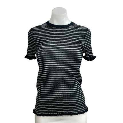 Zara Border Stripe Lettuce Hem Crew Neck Short Sleeve Sweater Tee T-Shirt Top M