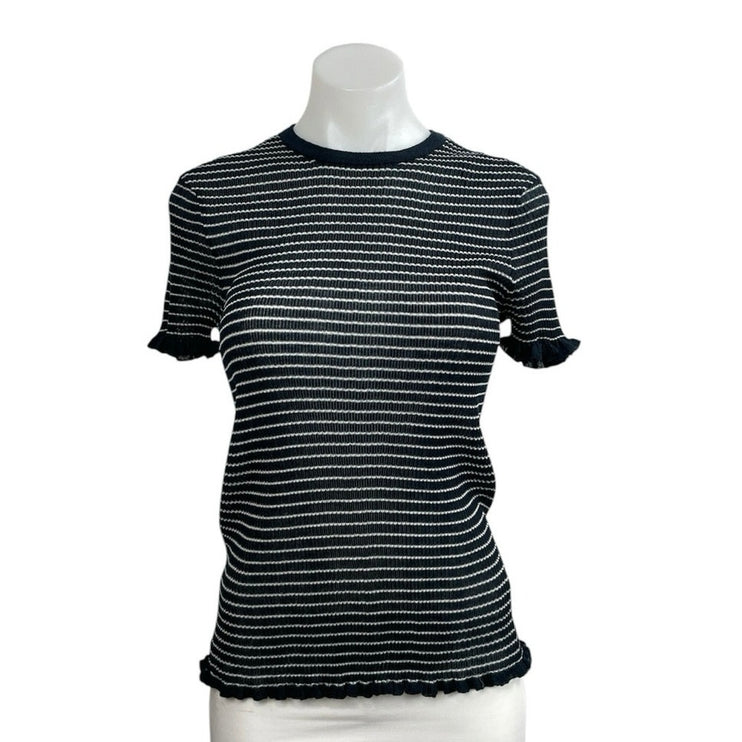 Zara Border Stripe Lettuce Hem Crew Neck Short Sleeve Sweater Tee T-Shirt Top M