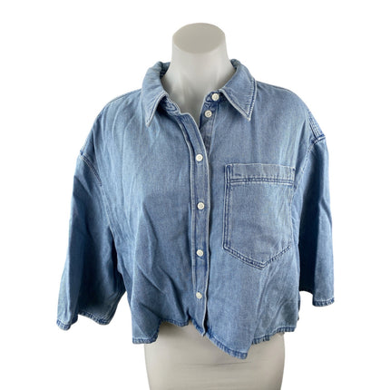 COS Blue Oversized Collared Half Sleeve Button Up Crop Denim Shirt Blouse Top 14