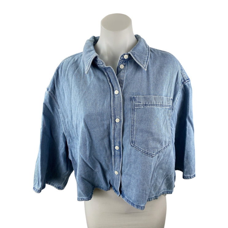 COS Blue Oversized Collared Half Sleeve Button Up Crop Denim Shirt Blouse Top 14