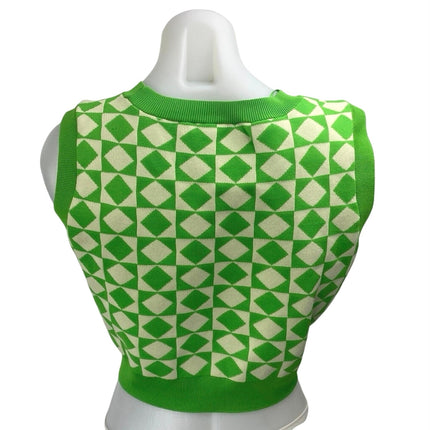 Zara Womens Green Diamond Checkered Sleeveless Knit Crop Sweater Vest Tank Top M