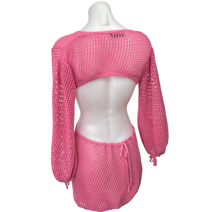 Women's Pink Crochet Long Sleeve V-neck Knitted Swim Beach Cover Up Mini Dress S