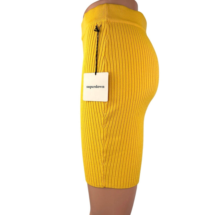 NEW Superdown Yellow Ribbed Knit High Waisted Fitted Mini Pencil Skirt M