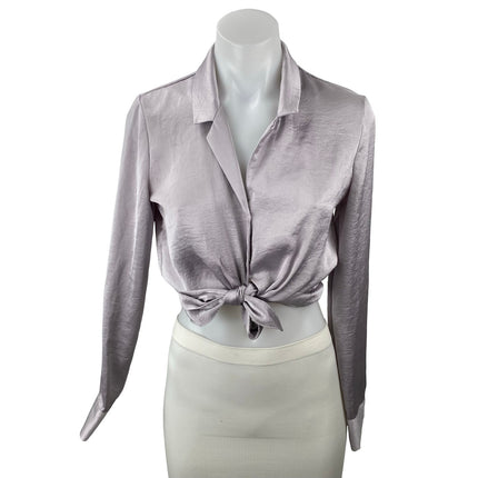 Aritzia Wilfred Purple Lilac Silk Satin Long Sleeve Crop Tie Button Up Shirt XS