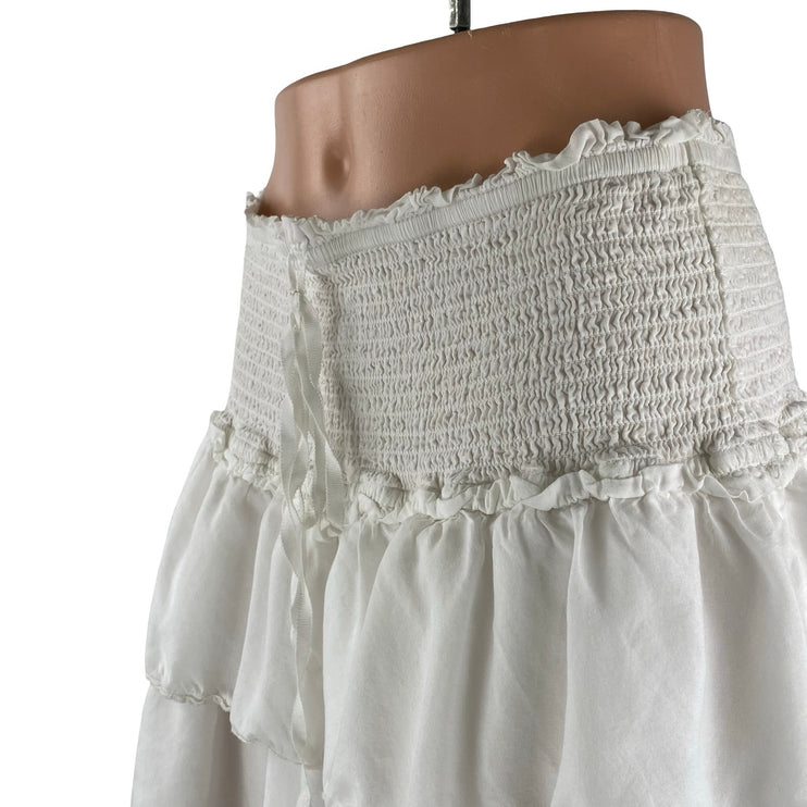 Aritzia Wilfred Women's White Smocked Tiered Ruffle Mini Flare A-Line Skirt Sz L