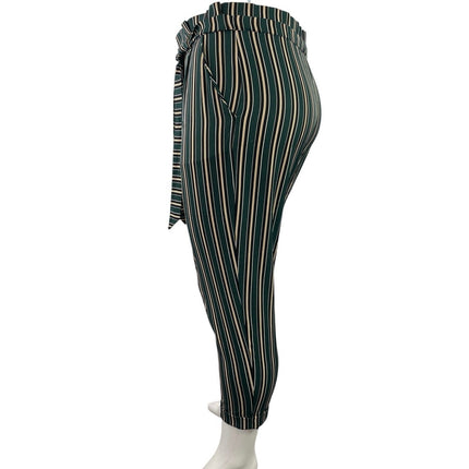 Pull & Bear Green Striped High Waisted Skinny Leg Paper Bag Trousers Pants Sz XL
