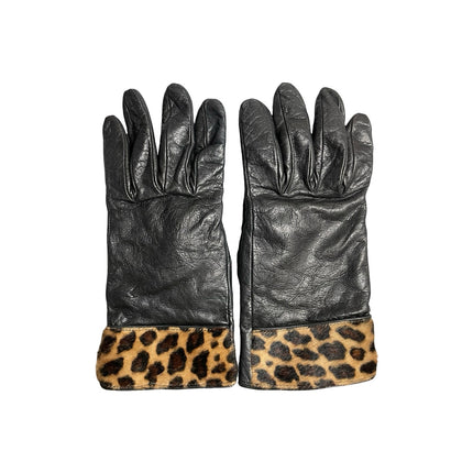 Portolano Women's Black 100% Leather Cashmere Leopard Faux Fur Gloves OS