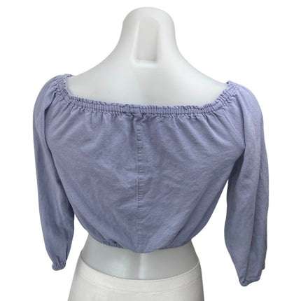 Brandy Melville Blue Linen Short Puff Sleeve Boat Neck Crop Blouse Top Size S