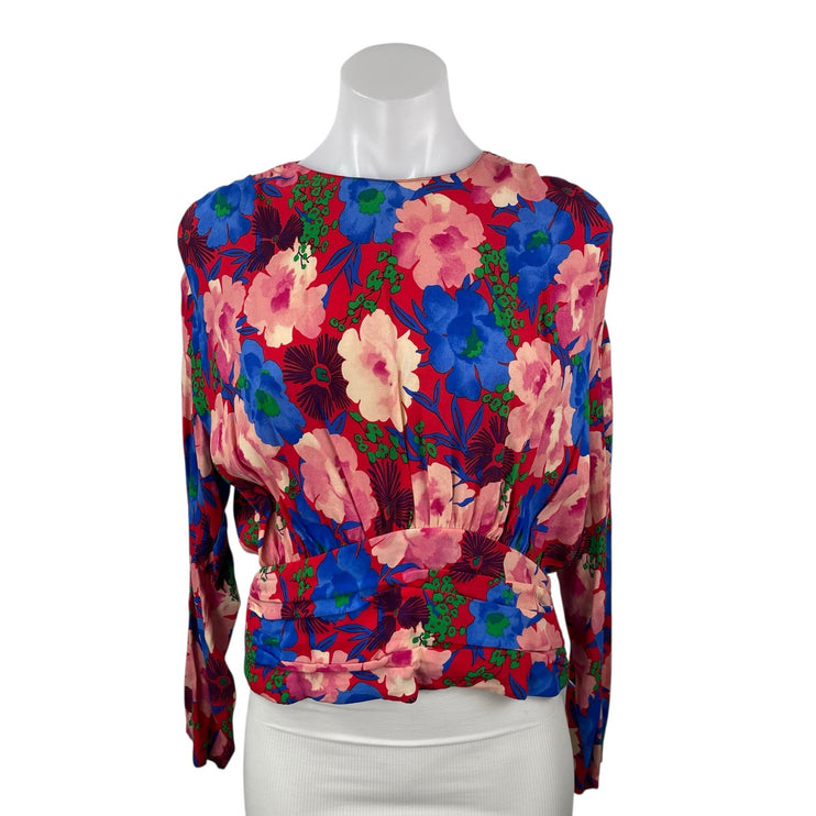 Zara Women Red Multicolor Floral Long Sleeve Pleated Crew Neck Blouse Top Size S