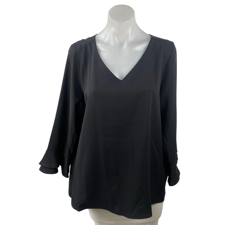 Lands' End Women's Black V Neck Long Sleeve Minimalist T-Shirt Blouse Top Sz 12