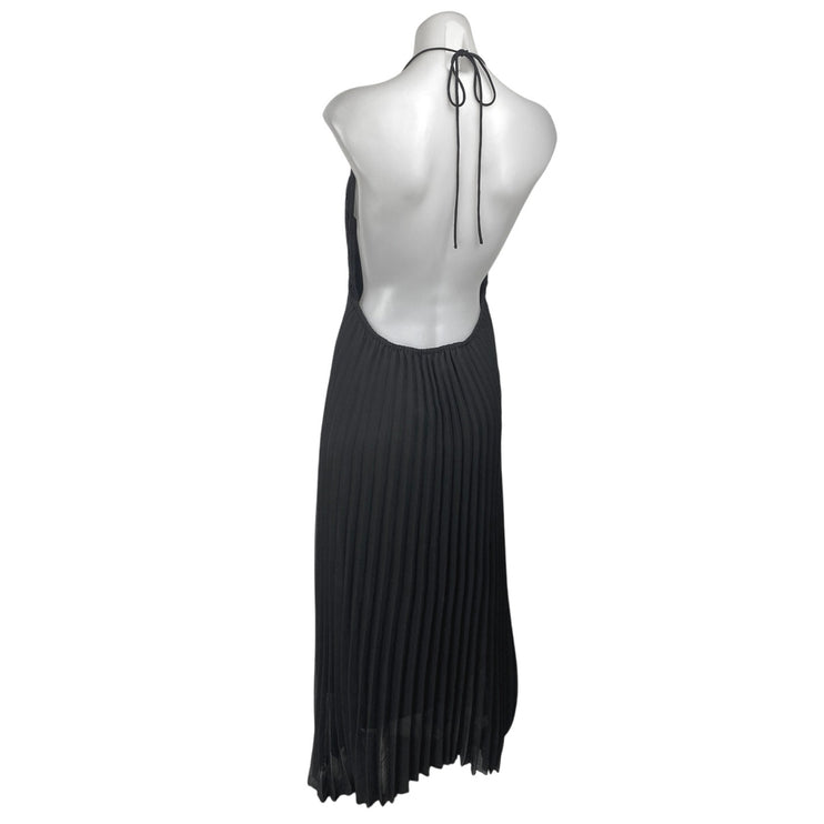 Alice + Olivia Black Halter Sleeveless Crochet Knit Pleated Maxi Dress Size 10
