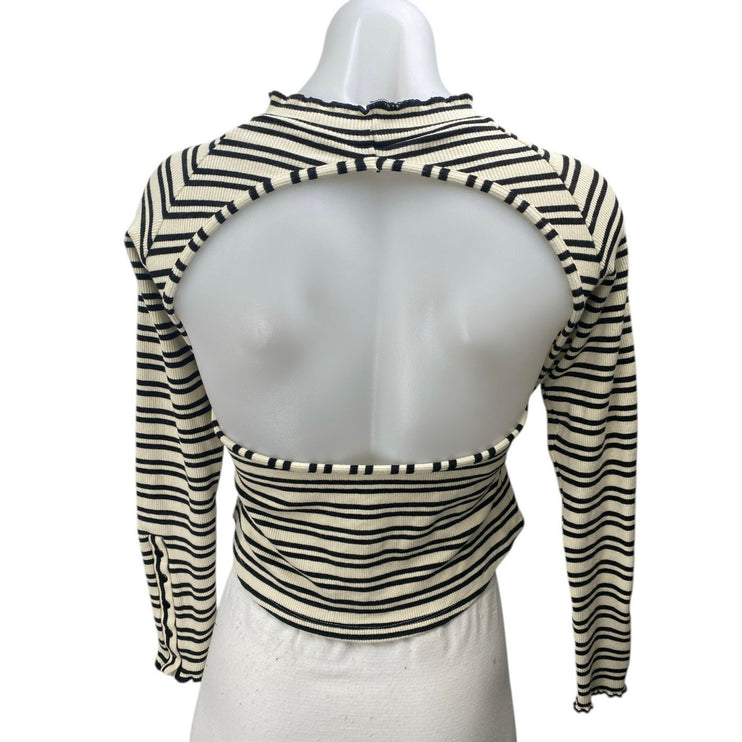 Free People White Black Striped Open Back Long Sleeve Crop Sweater Top Size S