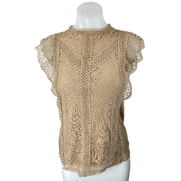 Cable & Gauge Brown Tan Floral Lace Mock Neck Sleeveless Blouse Tank Top Size XS
