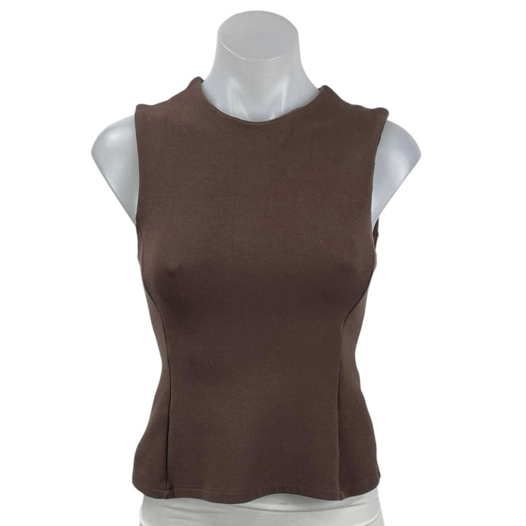 Zara Women's Brown Sleeveless Crew Neck Pleated Peplum Shirt Blouse Top Size M