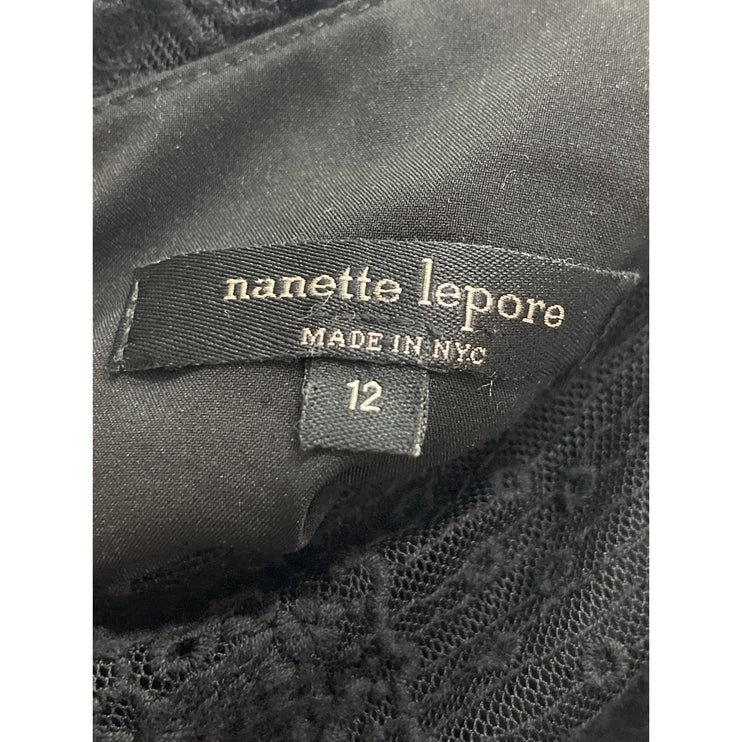 Nanette Lepore Women's Black Sheer Lace Short Sleeve Mini A-Line Shift Dress 12
