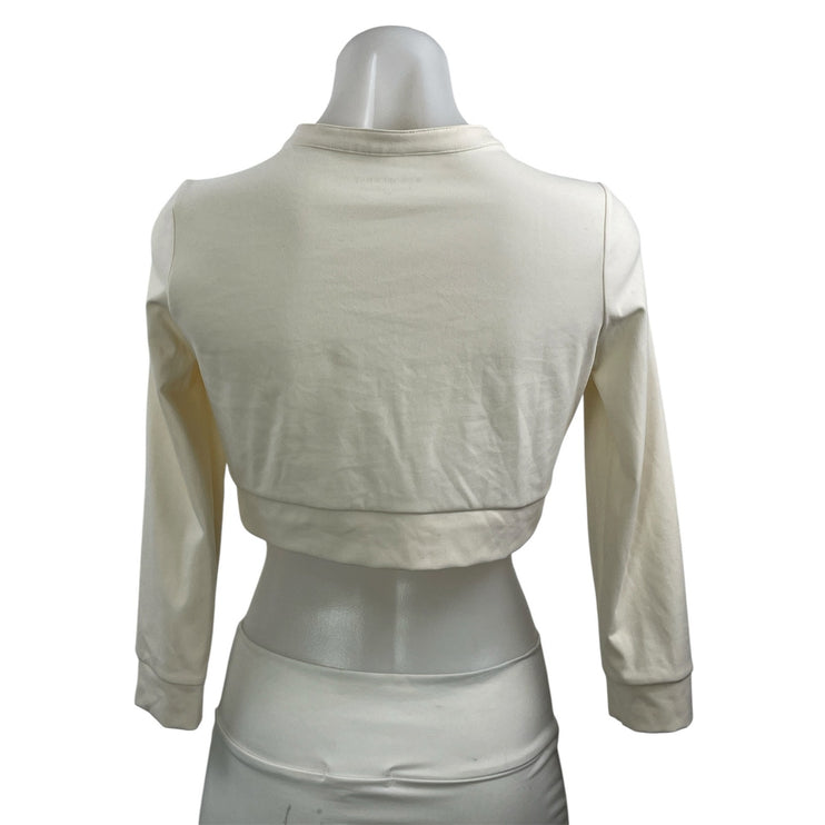 WeWoreWhat Women's Cream Crew Neck Long Sleeve Stretch Button Up Crop Top Size M