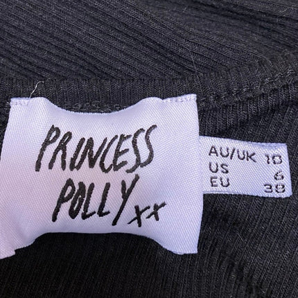 Princess Polly Black Ribbed Knit Long Sleeve Tie Front Cut Out Crop Top Size 6