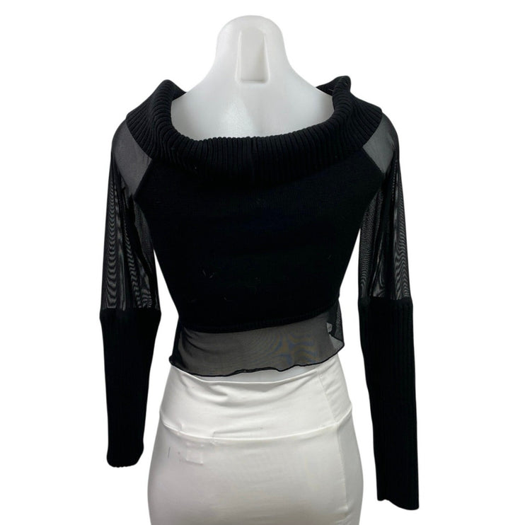 Current Mood Black Long Sleeve Semi Sheer Mesh Ribbed Knit Crop Top Size XS/S
