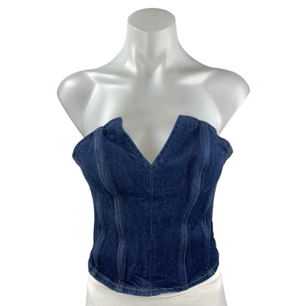 Zara Women's Blue Strapless Sleeveless V Neck Zip Denim Jean Crop Top Size XS