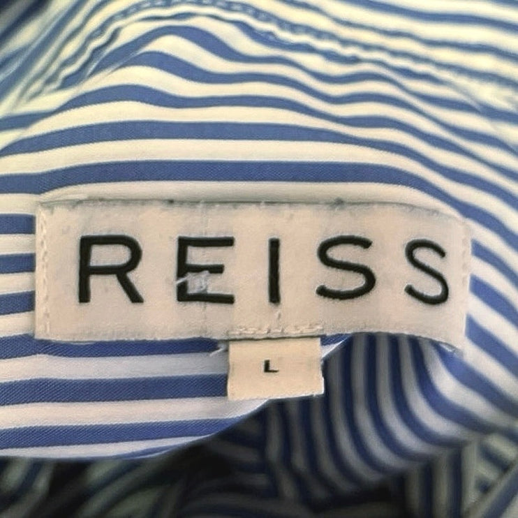 Reiss Blue White Striped Button Up Collar Long Sleeve Crop Shirt Blouse Top Sz L