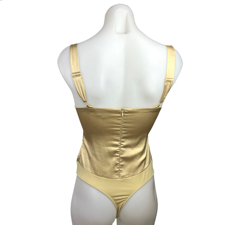 WeWoreWhat Danielle Bernstein Gold Satin Ruched Bustier Cups Corset Bodysuit 0