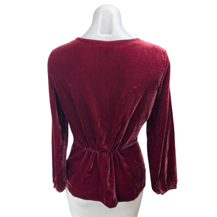 J.Crew Women's Red Velvet Velour V-Neck Long Sleeve Peplum Wrap Blouse Top 6