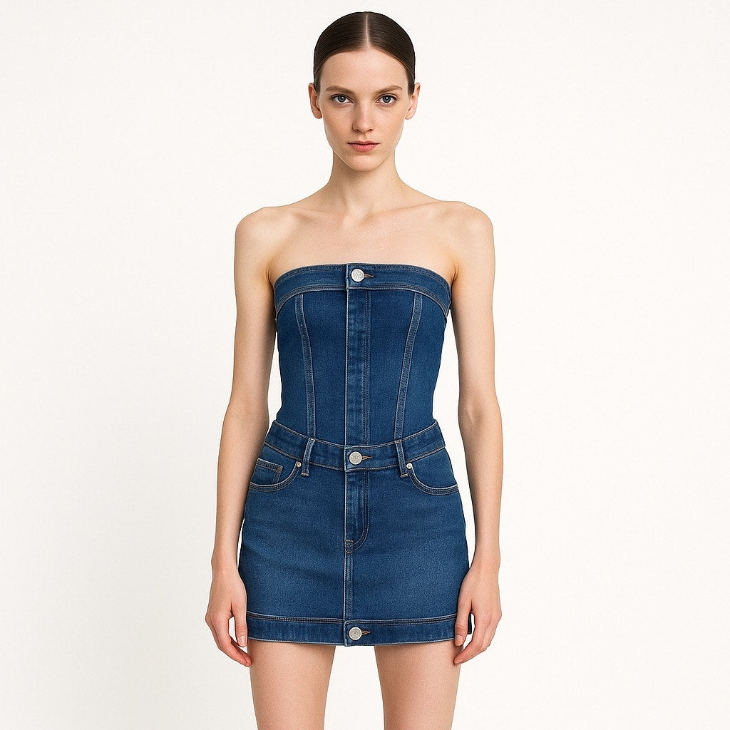Zara Blue Strapless Tube Bandeau Denim Jeans Crop Top Mini Skirt 2 Pc – Brie Zara Blue Strapless Tube Bandeau Denim Jeans Crop Top Mini Skirt 2 Pc – Brie