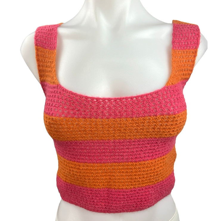 Micas Pink Orange Knit Crochet Colorblock Striped Scoop Crop Tank Top Size S