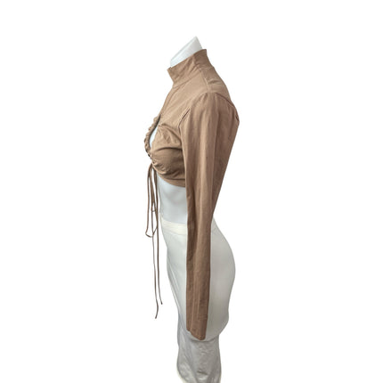 Isalis Womens Brown Tan Cutout Ruched Tie Keyhole Knot Mock Neck Crop Top Size M