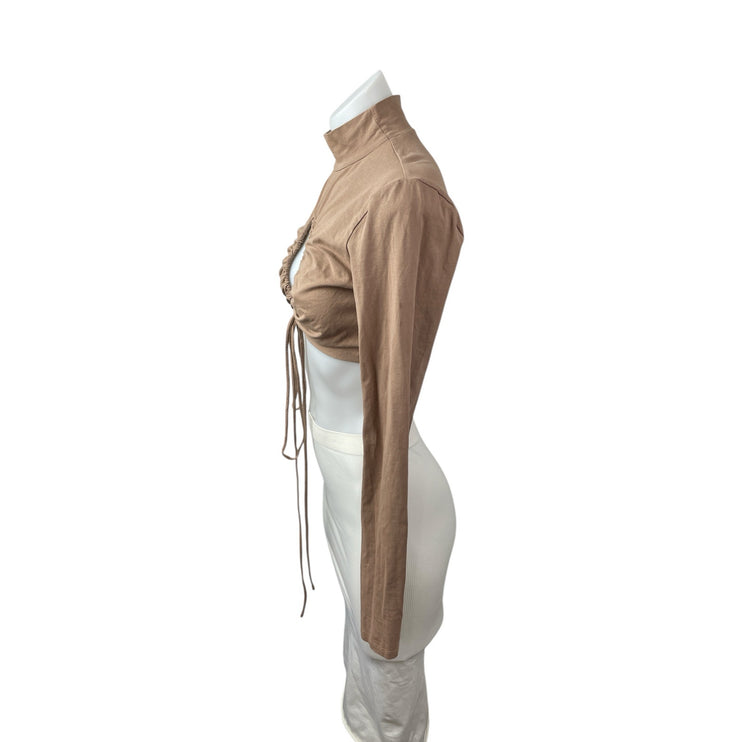 Isalis Womens Brown Tan Cutout Ruched Tie Keyhole Knot Mock Neck Crop Top Size M