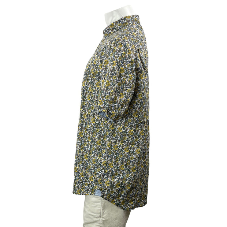 Alan Flusser Mens Yellow Floral Short Sleeve Linen Button Down Shirt Top Size XL