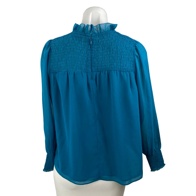 Ann Taylor Women's Blue Mock Neck Smocked Ruffle Long Sleeve Blouse Top Size XSP