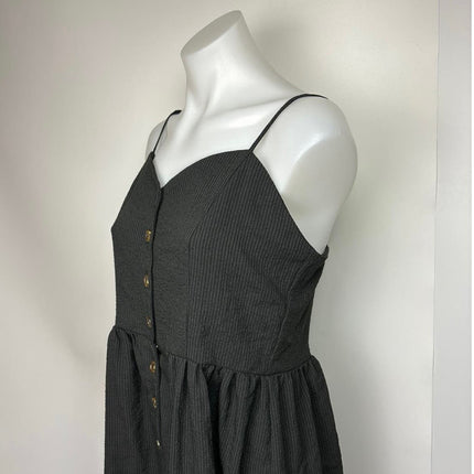 H&M Black Ribbed Smocked Sweetheart Sleeveless Button Midi A Line Dress Size 10