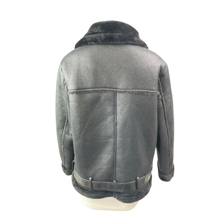 Ly Varey Lin Women's Black Faux Leather Fleece Moto Biker Aviator Jacket Size S