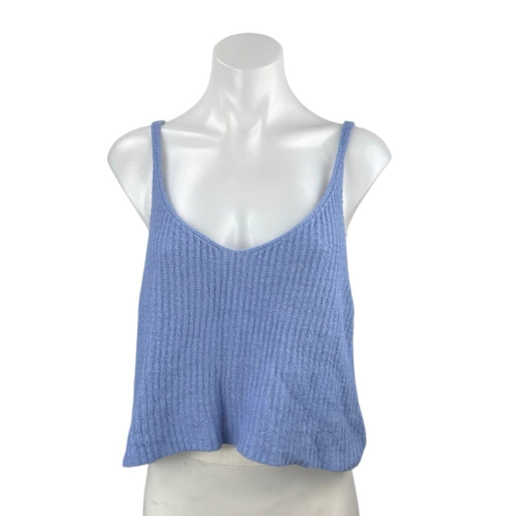 Lulus Women's Blue Ribbed Knit Sleeveless Scoop Neck Cami Tank Crop Top Size L