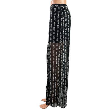 FOREVER 21 Women's Black White Geometric Print Boho Sheer Slit Maxi Skirts Sz M