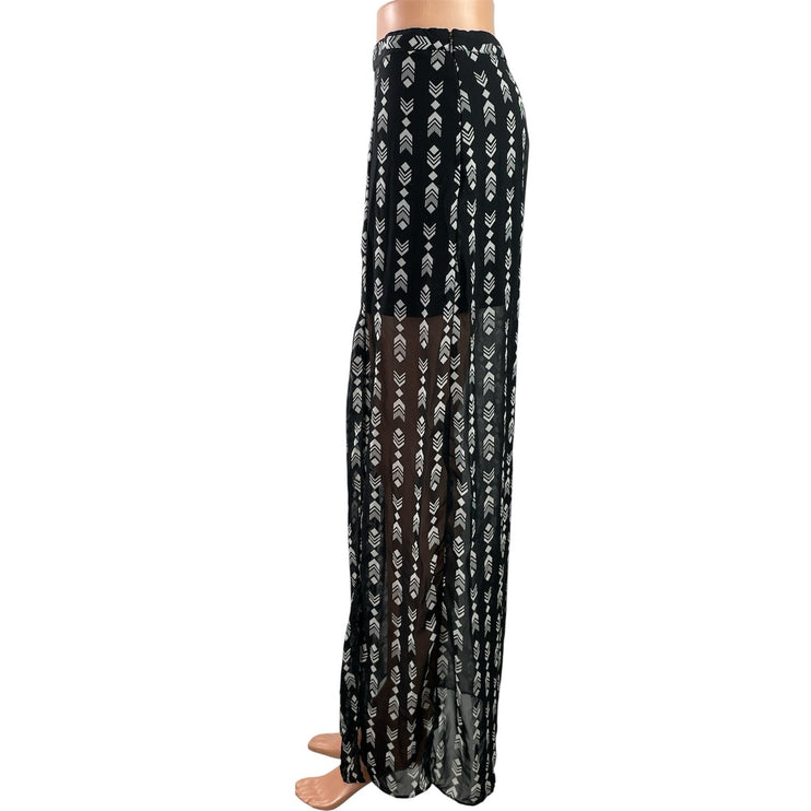 FOREVER 21 Women's Black White Geometric Print Boho Sheer Slit Maxi Skirts Sz M