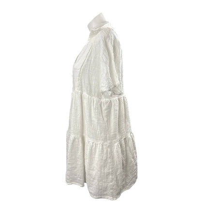 Molly Green White Collared Short Sleeve Tiered  Mini Flare Shirt A-Line Dress M