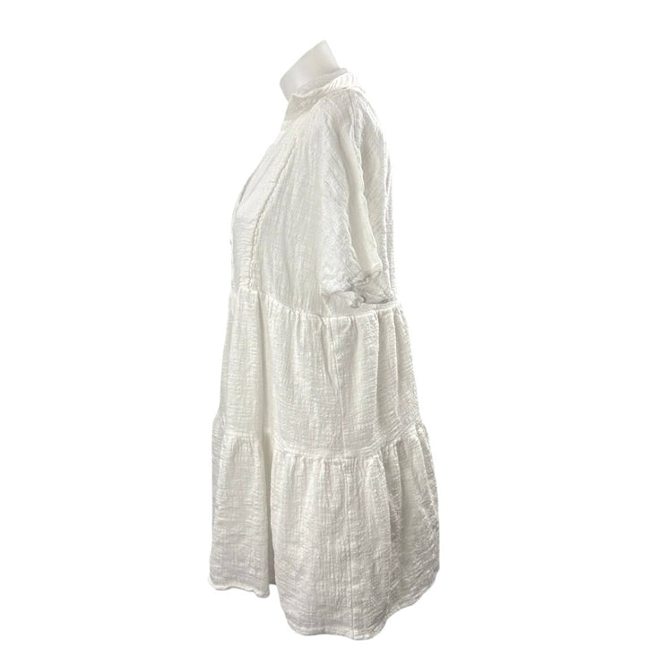 Molly Green White Collared Short Sleeve Tiered  Mini Flare Shirt A-Line Dress M