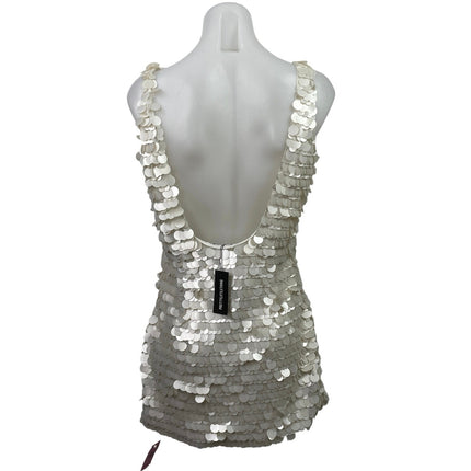 NEW PrettyLittleThing Cream Sequin Scoop Neck Open Back Mini Bodycon Dress 6