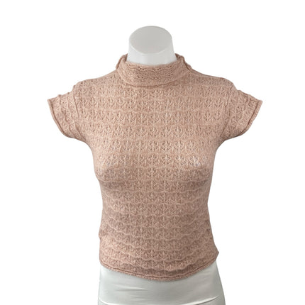 Zara Women's Pink Lace Floral Short Sleeve Mock Neck Knit Blouse Top Size L