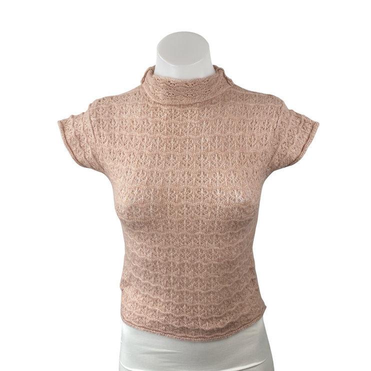 Zara Women's Pink Lace Floral Short Sleeve Mock Neck Knit Blouse Top Size L